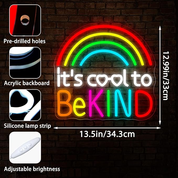 It's Cool To Be Kind Neon Sign for Wall Decor Dimmable Inspirational LED Rainbow Neon Lights for Classroom Decor Teachers Kids Signs Positive Wall Art for Classroom Kids Room Size 13.5*13in(GLNP299)