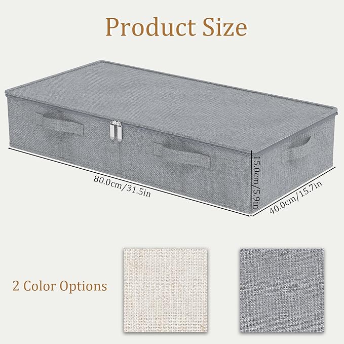 ENUMAIL Underbed Storage Bin, Foldable Under Bed Flat Baskets Organizer, Container boxes with Lid for Organizing Clothes, Sheets, Blankets, Comforter, 31.4x15.7x5.9in, Grey, 2 Pack