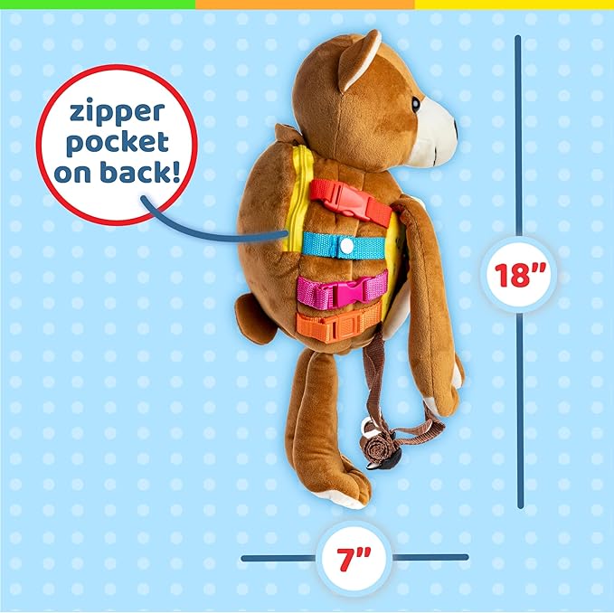 Buckle Toys Bear Backpack - Toddler Backpack & Stuffed Animal Learning Activity – Develops Fine Motor & Basic Life Skills – Soft Plush Kids Travel Toy - Billy Bear