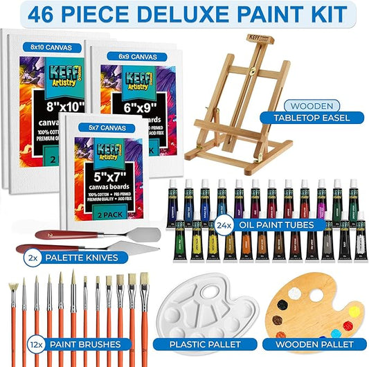 KEFF Oil Paint Set for Adults and Kids - Art Supplies Painting Kits with 24 Oil Paints, Stretched Canvas, Art Easel, Brushes, Palette, Knives and Paper Pad
