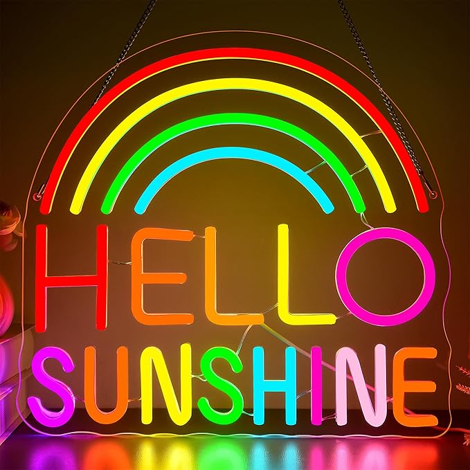Hello Sunshine Neon Sign for Wall Decor Dimmable Colorful Rainbow LED Neon Lights for Classroom Bedroom Decor Affirmation Positive Wall Art for Party Office Living Room Gifts Size 13.8*12.8in(GLNP300)