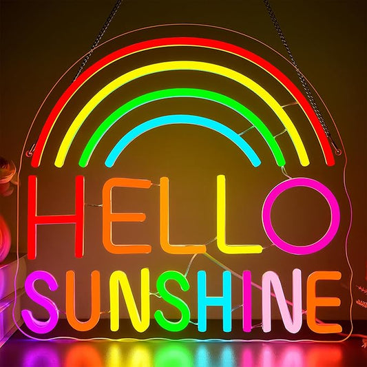 Hello Sunshine Neon Sign for Wall Decor Dimmable Colorful Rainbow LED Neon Lights for Classroom Bedroom Decor Affirmation Positive Wall Art for Party Office Living Room Gifts Size 13.8*12.8in(GLNP300)