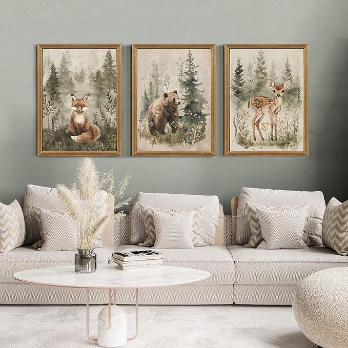 ICHZUMW Woodland Nursery Decor Wall Art Set of 3, Cute Forest Animals Canvas Prints Bear Fox Deer Pictures, Nature Watercolor Paintings for Baby Room Kids Bedroom Playroom, Neutral Artwork, 12x16in