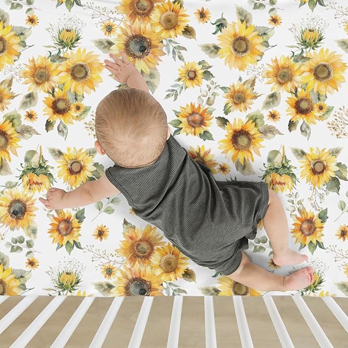 Yellow Sunflower Floral Baby Crib Sheets for Boy Girl 52"x28" Boho Sunflowers Leaves Soft Snug Fitted Crib Mattress Cover Summer Spring Garden Baby Sheet for Standard Crib and Toddler Bed Mattresses
