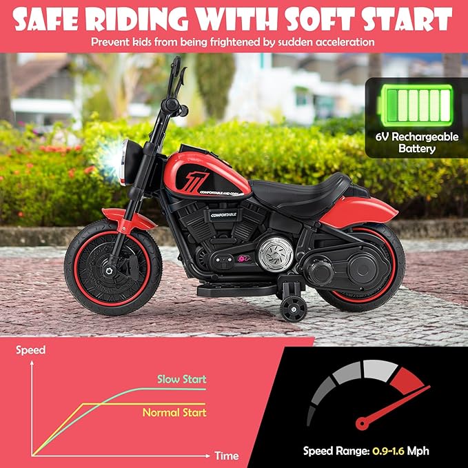 HONEY JOY Ride On Motorcycle, 6V Toddler Motorcycle with LED Light, Music, Foot Pedal, Forward/Backward, Soft Start, 3-Wheel Battery Powered Electric Motorcycle for Kids, Gift for Boys Girls (Red)