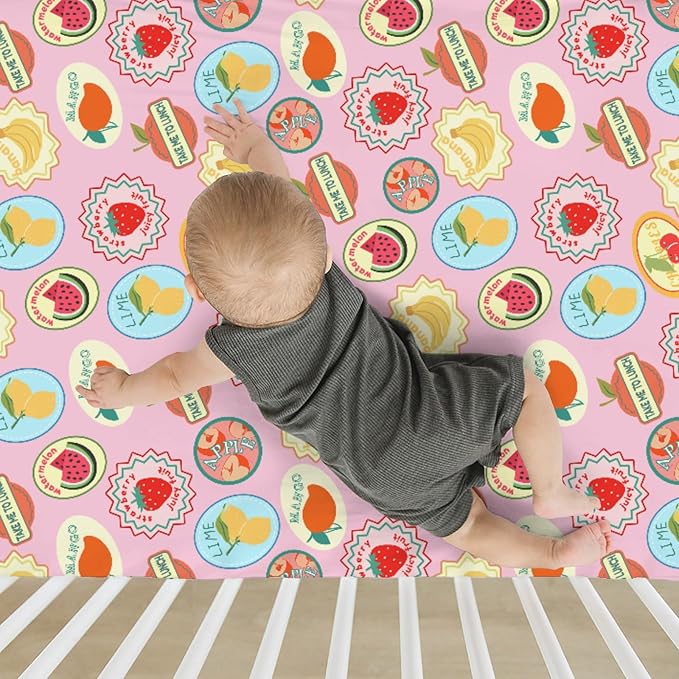 Fruits Summer Preppy Baby Crib Sheets for Girl 52x28Inch Cute Tropical Fruits Stamp Soft Snug Fitted Crib Mattress Cover Retro Summer Beach Nursery Baby Sheet for Standard Crib & Toddler Bed Mattress