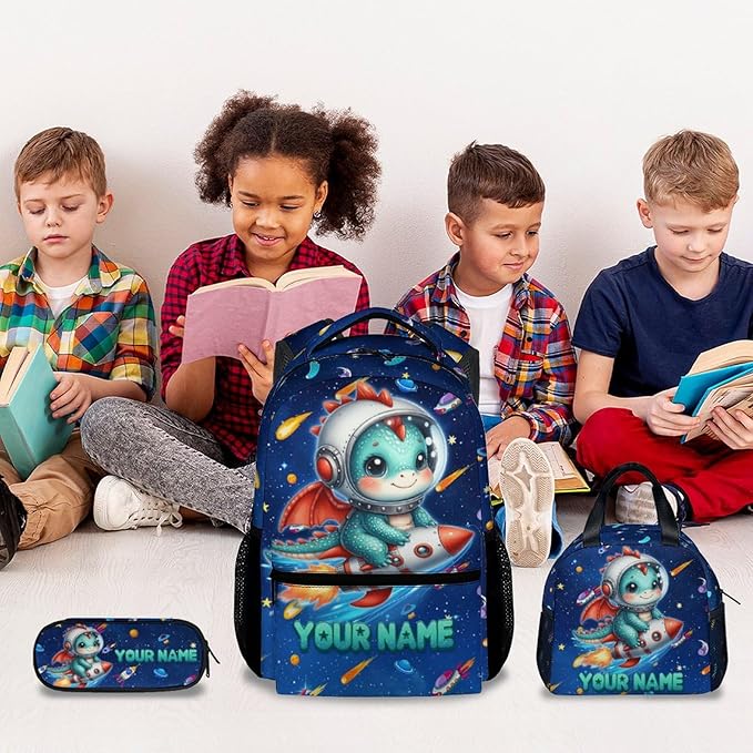Backpack for Kids - Personalized Dragon Backpacks with Lunch Box - Custom Toddler Bookbag for Girls Boys - Planet School Bag Set for Kindergarten/Preschool/Elementary(17 Inch)