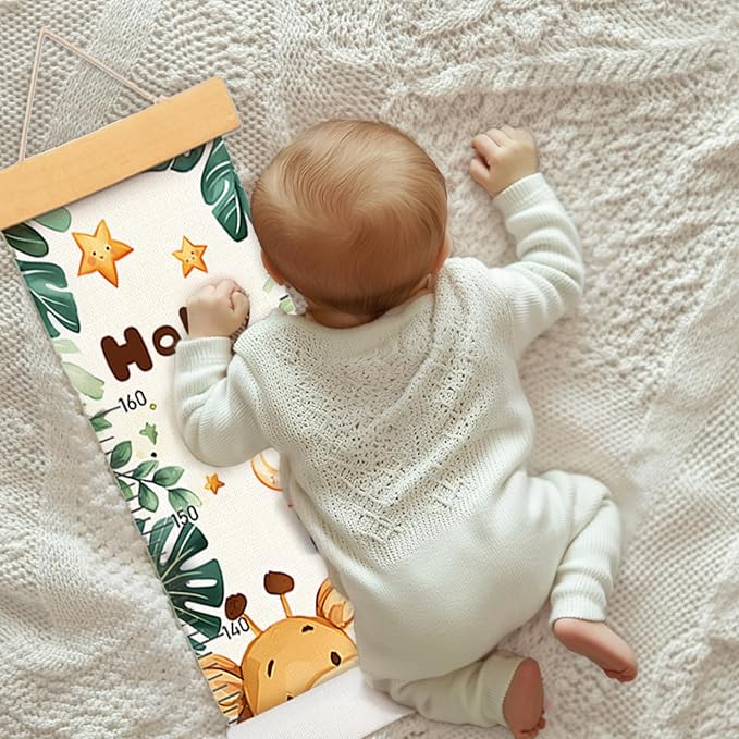 Woodemon Personalized Name Baby Growth Height Chart Handing Ruler Wall Decor for Kids, Animals Canvas Removable Height Growth Chart, Nursery Decor, Toddler Kid Room Decoration, Hangable