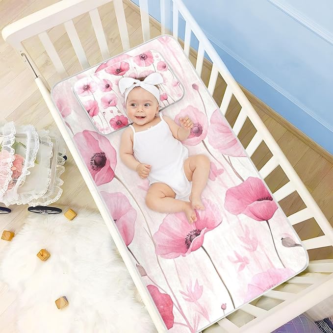 Pink Flowers Cooling Baby Mattress Protector 28" x 52" Reusable Crib Bumper Pads for Baby&Toddler