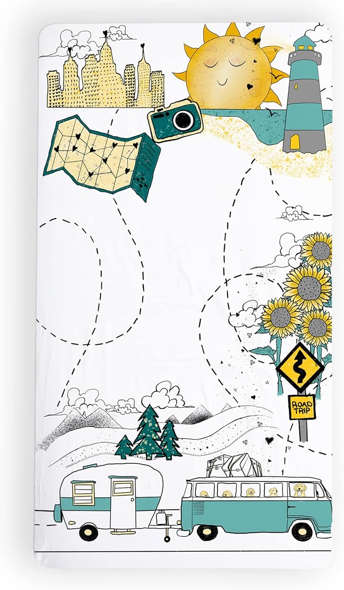 JumpOff Jo - Fitted Crib Sheet, Super Soft Breathable 100% Cotton Baby Crib Sheet for Standard Crib Mattresses and Toddler Beds, 28 in. x 52 in. - Road Trip