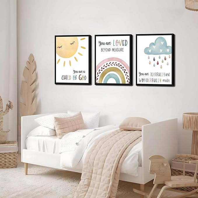 Kids Bible Verse Wall Art, Christian Scripture Wall Decor Paintings Set of 3, Nursery Rainbow Inspirational Posters Prints Pictures for Classroom Kids Room Baby Room Bedroom 12x16 Inch Wood Framed