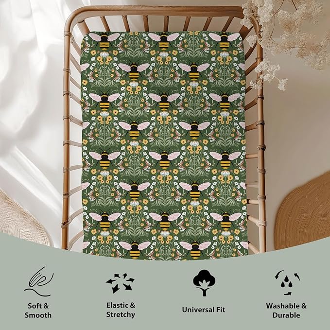 Bee Honey Garden Green Baby Crib Sheets for Boy Girl 52"x28" Boho Floral Bees Honey Butterflies Soft Snug Fitted Crib Mattress Covers Spring Summer Baby Sheet for Standard Crib & Toddler Bed Mattress