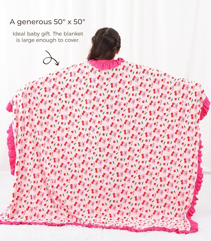 Premium Baby Blankets, Soft Viscose from Bamboo Blanket for Girls, Nursery Crib Bedding Quilt for Newborn and Toddler, Ruffle Blanket Cooling for Hot Sleepers, 50''x50'' Sweet Cherries