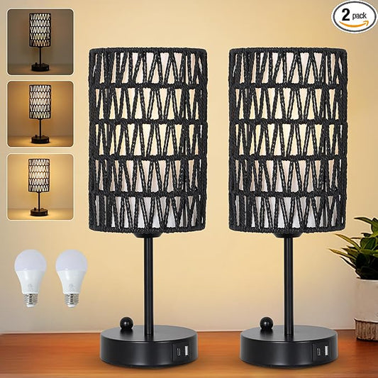 Eayaya Black Bedside Lamps Set of 2, Touch Control Night Stand Lamp for Bedroom with Rattan & Linen Shade & Bulbs, 3 Way Dimmable Small Boho Table Lamps with USB Charging Port & Phone Stand