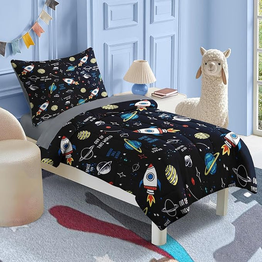 Nesker 4 Pcs Comforter Set Toddler Size, Space Moon Universe Bedding for Kids Teen, Rockets Planets Stars Bed Sheet with Pillowcase & Sham