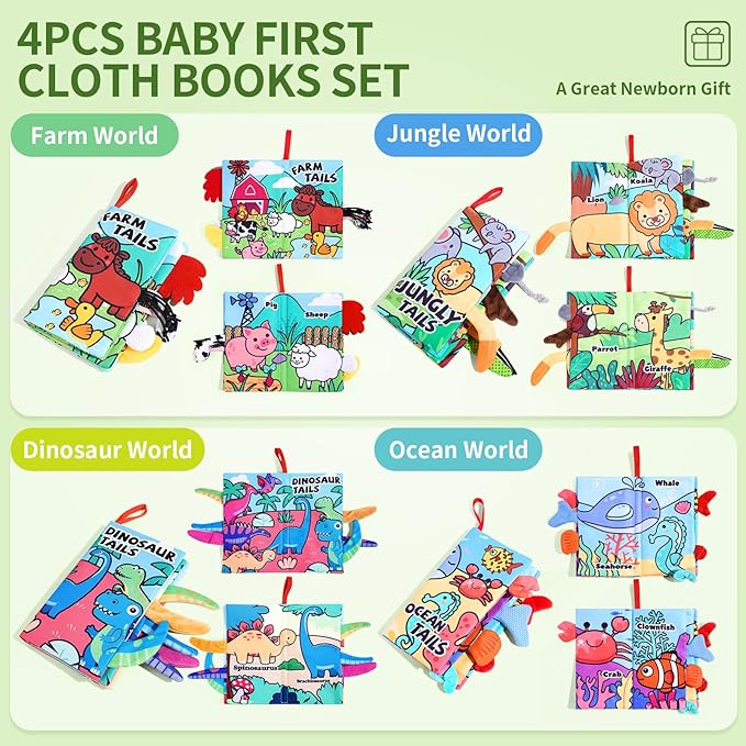 4-Pack Baby Books 0-6 Months, Baby Crinkle Books, Touch and Feel Sensory Toy for Babies, Infant Toys 0-6 Months, Soft Fabric Toy Shower Gift - 6 Pages Blue