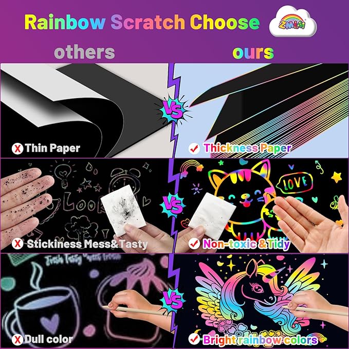 ZMLM Scratch Paper Art Set: 100Pcs Magic Drawing Art Craft Kid Scratch Paper Supplies Toddler Preschool Learning Toys for Age 3 4 5 6 7 8 Girls Boys Birthday Activities Party Favors