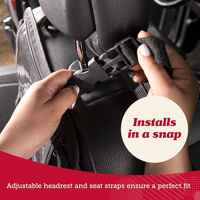 Lusso Gear Backseat Car Organizer- Kick Mat Protects Against Kids Feet - 12 Large Storage Pockets - iPad,Tablet, Water Bottle Holder- Durable, Heavy Duty Road Trip Essential (Black)
