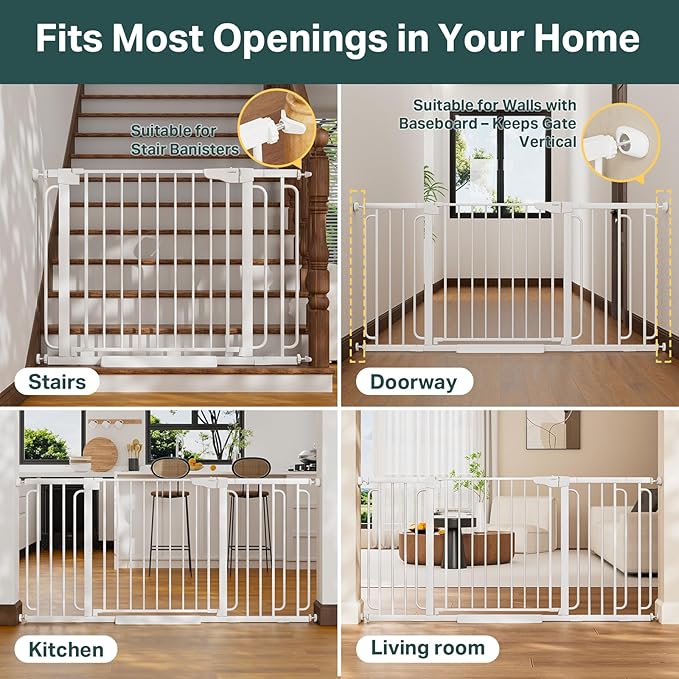 Cumbor 36.6-64" Extra Wide Baby Gate for Stairs, Dog Gates for Doorways, Auto-Close Pet Gate Indoor, Pressure Mounted Walk Through Safety Child Gate for Kids Toddler, Tall Pet Puppy Fence Gate, White