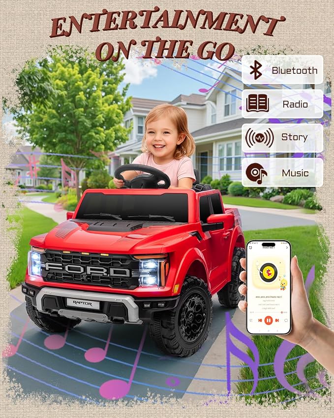 First Ride On Licensed Ford F-150 Raptor 12 Volt Kids Ride on Car, Ride on Toys for Kids with Remote Control, Electric Vehicle for Toddler with Smooth Start, Truck Bed Storage, Bluetooth (Red)