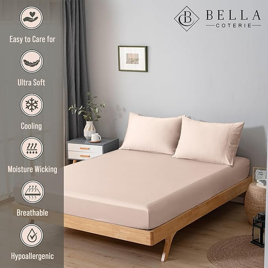 Bella Coterie Luxury Bamboo Viscose Queen Size Fitted Sheet | 100% Organically Grown | Ultra Soft | Cooling for Hot Sleepers | 18" Deep Pocket [Champagne]