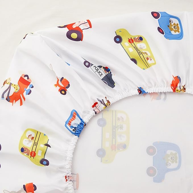 PINNKKU 4-Piece Toddler Bedding Set, Includes 1 Flat Sheet, 1 Fitted Sheet, 1 Comforter and 1 Reversible Pillowcase, Standard Toddler Comforter & Sheet Set, Ultra Soft Toddler Bed Set, Cars & Road