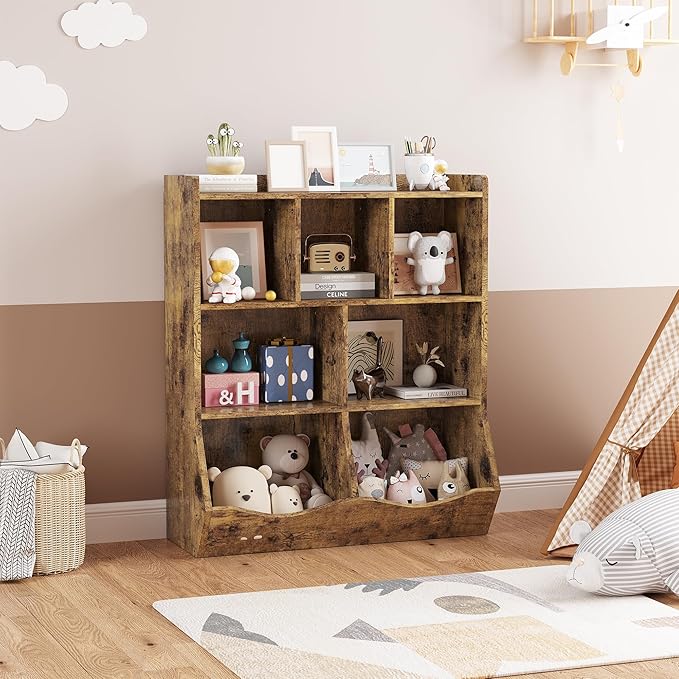 GarveeHome Rustic Brown Toy Storage Cabinet, Three-Tier Kids Bookshelf and Bookcase for Storage Books and Toys, Multi Shelf with Cubby Organizer for Bedroom and Playroom