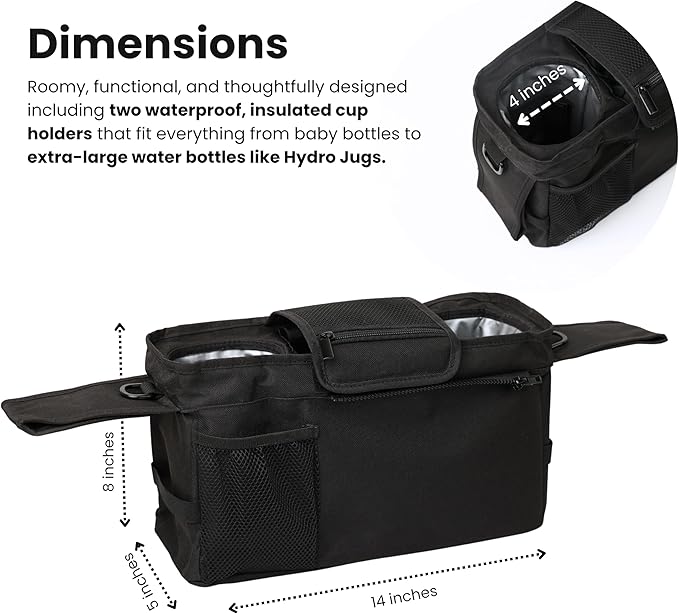 BABY OX CO. Universal Stroller Organizer with Insulated Cup Holders | Detachable Phone/Wipe Pouch & Shoulder Strap Stroller Caddy | Spacious, Fits Jogger, Umbrella, Travel & Pet Strollers