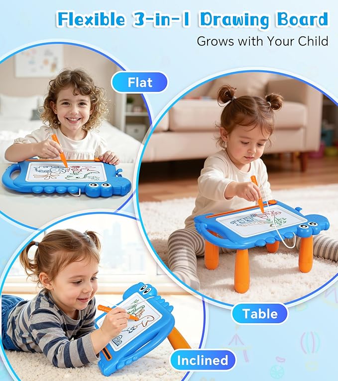 Dinosaur Magnetic Doodle Board Table for Toddlers, Color Drawing & Writing Sketch Pad Educational Learning Kids Toy for 1 2 3 Year Old Boys Girls, Mess-Free Art Gift for Birthday or Christmas, Blue
