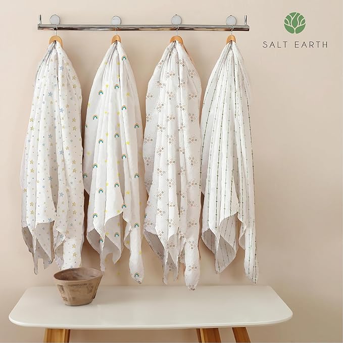 Salt Earth 100% Organic Cotton GOTS Certified 2-Layered Swaddle Baby Blanket, 4 Pack,47"x47" Receiving Blankets for Swaddling,Wrap for Boy & Girl, Newborn Baby Essentials, Registry (Star & Rainbow)