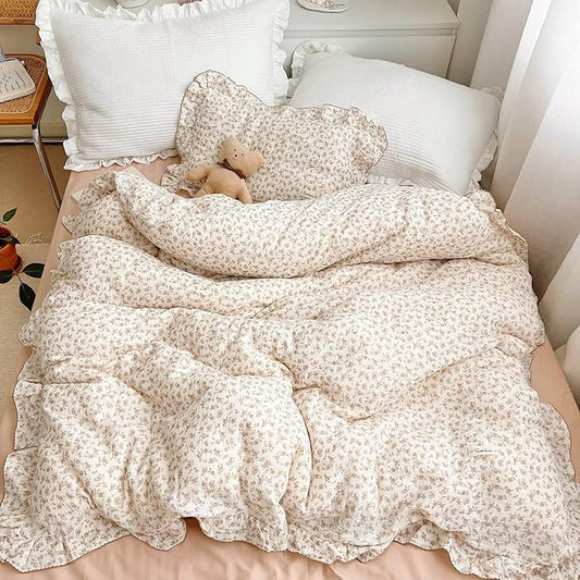 BuLuTu Kids Duvet Cover Soft 2-Layer Cotton Muslin Floral Duvet Cover Beige Comforter Cover Bedding Duvet Protector, 60"x78", Camellia Print (Pillowcases Not Included)