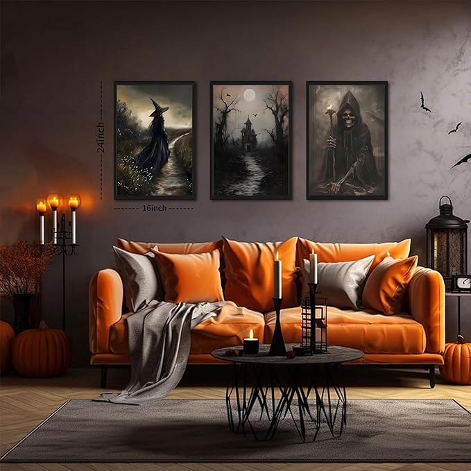 Framed Dark Academia Wall Art Set of 3, Vintage Gothic Skull Witch Wall Decor Paintings, Rustic Moody Spooky Haunted House Prints Pictures for Halloween Living Room 16x24 Inch