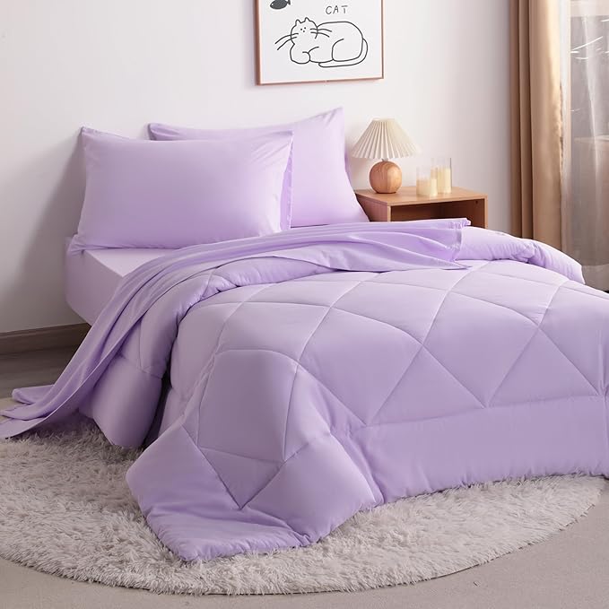 FLXXIE 5 Pieces Toddler Bedding Set, Soft and Breathable Microfiber Crib Sheet Set, Includes Quilted Comforter, Flat Top Sheet, Fitted Sheet, Envelope Pillow Case for Boys and Girls, Lavender