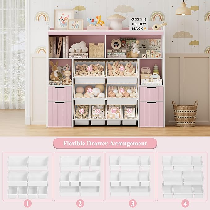 HORSTORS 55" W Toy Storage Organizer with Drawers, Large Kids Toy Storage Box with Removable Bins, Tall Kids Bookshelf and Bookcase for Boys and Girls, Modern Toy Chest for Playroom, Classroom, Pink