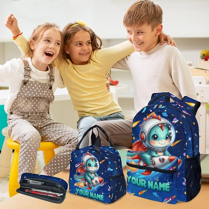 Backpack for Kids - Personalized Dragon Backpacks with Lunch Box - Custom Toddler Bookbag for Girls Boys - Planet School Bag Set for Kindergarten/Preschool/Elementary(17 Inch)
