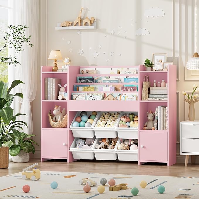 FINETONES Toy Storage Organizer with 6 Toy Bins, Toy Organizer Kids Bookshelf with 6 Cubbies, Toy Organizers and Storage Bins Playroom Storage for Kids Room, Pink