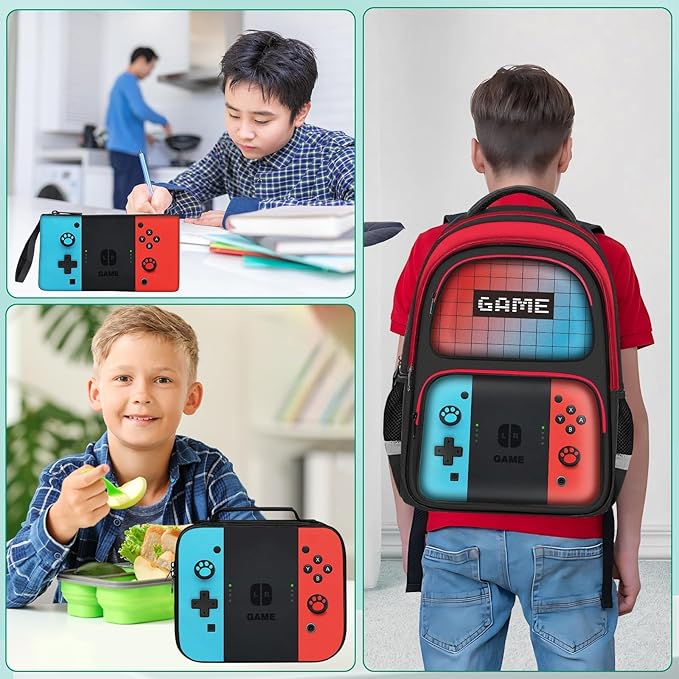 JIRAIKEI Kids Backpack For Boys，Gamer Boys Backpack For Children Teens Elementary Middle School, 17″ Students Bookbag