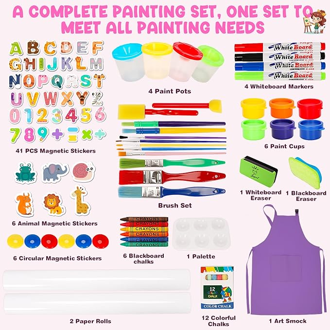 Wood Easel for Kids, All-in-ONE Adjustable Easel with Art Supplies, Magnetic Double Sided Whiteboard & Chalkboard, Ideal Christmas, Birthday Gift for Boys & Girls Age 3, 4, 5, 6, 7, 8+ Years Old
