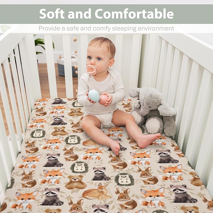 Vintage Animals Boho Floral Baby Crib Sheets for Boy Girl 28"x52" Bear Raccoon Deer Rabbit Hedgehog Leaves Soft Snug Fitted Crib Mattress Cover Baby Sheet for Standard Crib & Toddler Bed Mattress