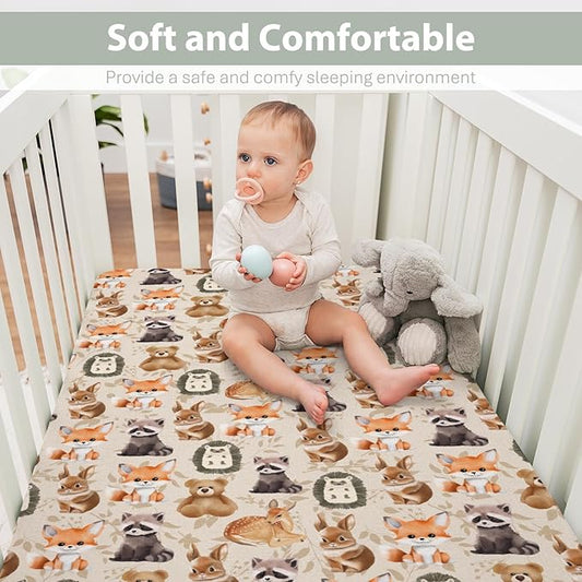 Vintage Animals Boho Floral Baby Crib Sheets for Boy Girl 28"x52" Bear Raccoon Deer Rabbit Hedgehog Leaves Soft Snug Fitted Crib Mattress Cover Baby Sheet for Standard Crib & Toddler Bed Mattress
