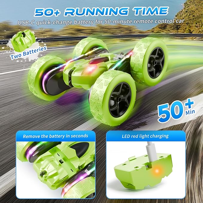Remote Control Stunt Car – 4WD 360° Flip Double‑Sided RC Car LED Light Bar & Modular USB‑C Battery, 2.4 GHz Off‑Road Toy, Birthday for Boys Girls Ages 6‑12, Green