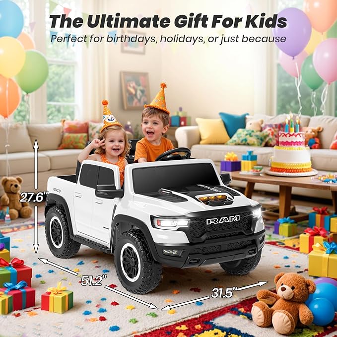 Licensed RAM 1500 RHO 24V Ride on Toys for Boys & Girls, 2 Seater Kids Electric Car, Kids Ride on Car w/Remote Control, LED Lights, Bluetooth Music, Truck Bed Storage(White)