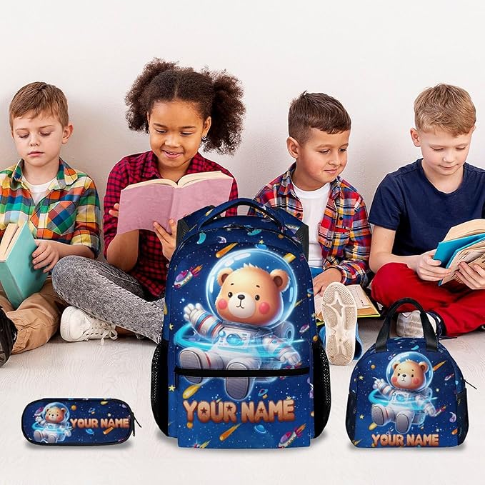 GiftoFLUX Bookbag for Boys - Personalized Bear Backpack Set for Kids Girls - Custom Backpacks for Toddlers - Planet School Bag for Kindergarten/Preschool/Elementary(17 Inch)