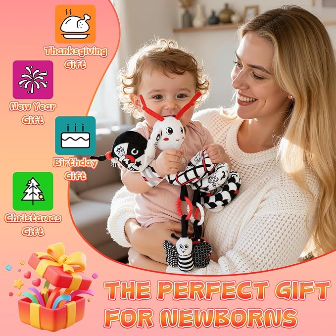 Spiral Car Seat Baby Toys 0-6 Months, Activity High Contrast Black White Sensory Toys with Wrist Rattles Set Hanging Stroller Accessories, Newborn Adjustable Carseat Toys for Baby Boys Girls