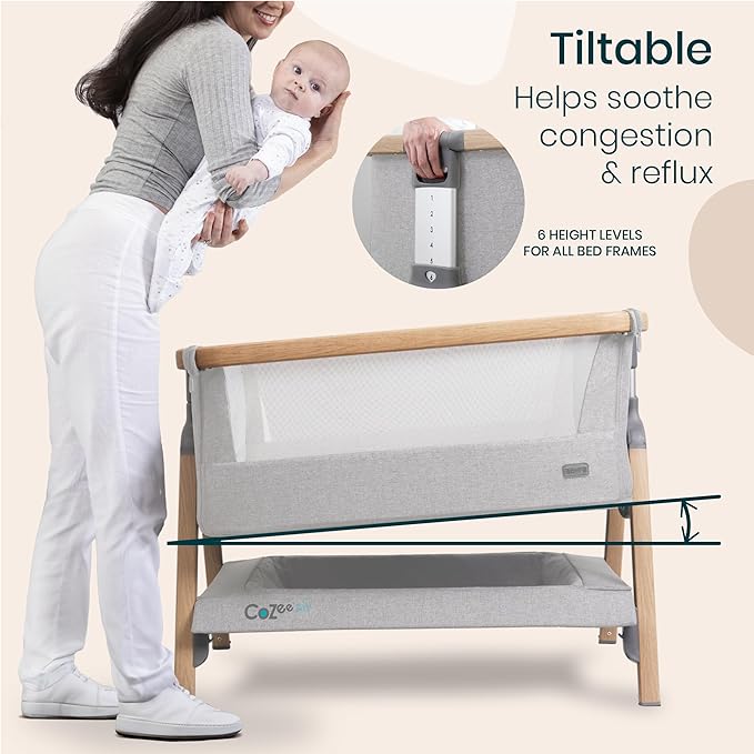 Tutti Bambini CoZee® Air Baby Bassinet & Bedside Sleeper - Rocking Bassinet for Baby, Fast-Folding with Travel Bag, Deluxe Airflow Mattress & 6 Mattress Heights, 0-6 Months (Silver & Oak)