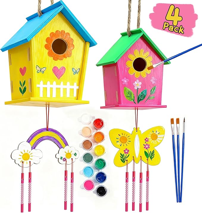 Ladwon Crafts for Kids Ages 4-8 - 4 Pack DIY Bird House Wind Chime Kit - Build and Paint Birdhouses Wooden Arts Kits Easter Basket Stuffers Gifts for Girls Kids Boys Toddlers Ages 3-5 4-6 6-8 8-12