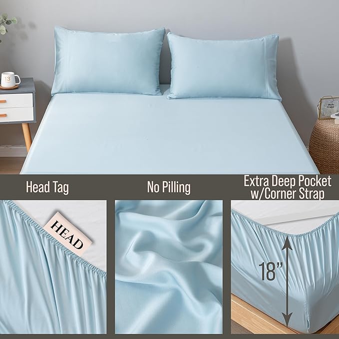 Bella Coterie Luxury Bamboo Viscose Queen Size Fitted Sheet | 100% Organically Grown | Ultra Soft | Cooling for Hot Sleepers | 18" Deep Pocket [Coastal Blue]