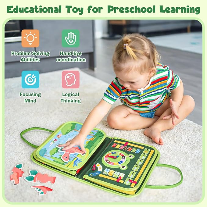 Busy Board Montessori Toys for 4 Years Old, Busy Books for Toddlers, Sensory Board Quiet Book Educational Activity Book for Toddlers 4-5, Toddler Travel Toys for Plane Car, Gifts for Boys Girl (Green)
