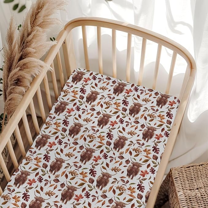Autumn Highland Cow Fall Leaves Baby Crib Sheets for Boy Girl 28"x52" Yak Maple Leaves Soft Snug Fitted Crib Mattress Cover Thanksgiving Farm Animal Baby Sheet for Standard Crib & Toddler Bed Mattress