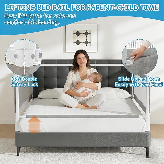 3-Pack King Size Bed Rails for Toddlers -Height Adjustable Baby Bed Rail Guard Specially Designed for King Size Bed (78.7"x78.7"x74.8"-Grey)